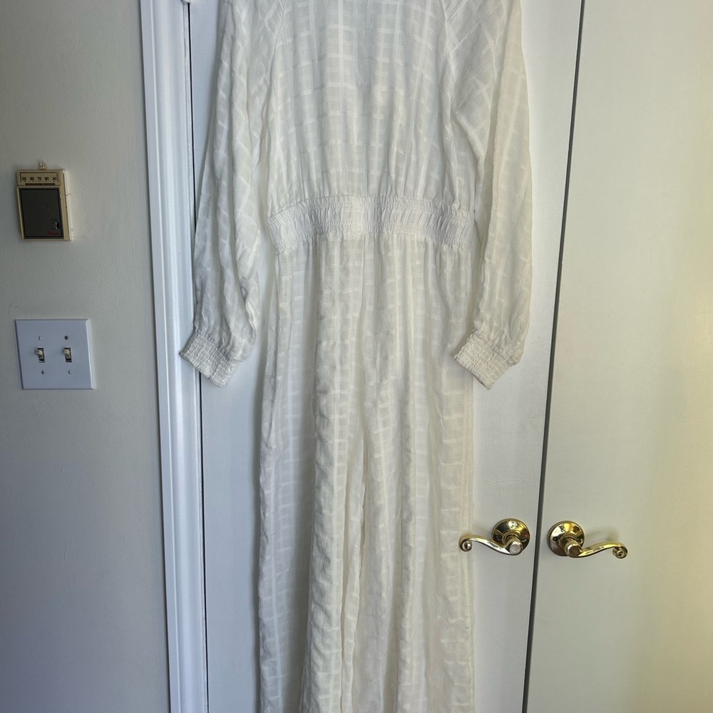 Free People White Long Sleeve Cotton Jumpsuit, Elastic Waist, Bust Tie Front, M - Picture 10 of 12